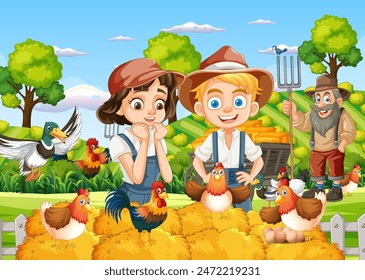 Children and farmer enjoying farm life with chickens