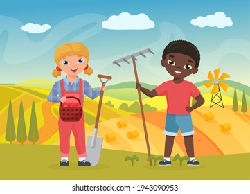 Children farmers with work tools vector illustration. Cartoon funny boy girl child farm worker characters holding shovel and pitchfork for working on agriculture farmland autumn fields background