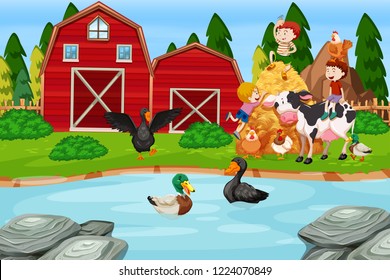 Children at the farmland illustration