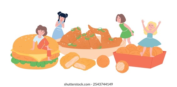 Children and fast food. Cute girls happined chicken fried legs, nuggets and tasty balls. Tiny characters and food, unhealthy lifestyle, vector concept