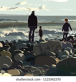 Children with father on beach layered drawing vector