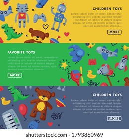 Children Favorite Toys Landing Page Templates Set, Kids Education, Development and Entertainment, Toy Shop, Club, Kindergarten or Playground Website, Homepage Design Vector Illustration