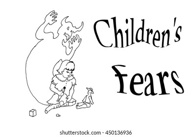 Children fear, shadow on the wall. Hand drawn vector stock illustration. Black and white whiteboard drawing.