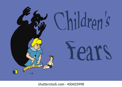 Children fear, shadow on the wall. Hand drawn vector stock illustration.