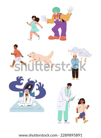 Children fears isolated set with scared boy and frightened girls crying and screaming, running away
