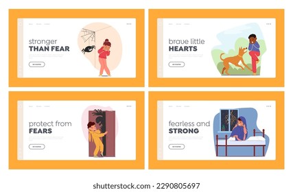 Children Fears Landing Page Template Set. Little Boys and Girls Character Afraid of Darkness, Monsters, Thunderstorm, Spiders And Animals, Feel Horror, Or Anxiety. Cartoon People Vector Illustration