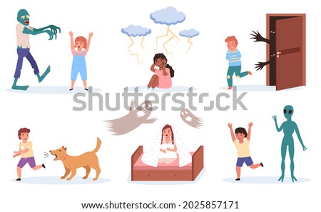 Children fears. Little kids phobias. Cartoon boys or girls with scared emotions and horror causes. Babies afraid of fictional monsters or zombies, ghosts and dogs. Vector frights set