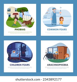 Children fears and phobias posters set, flat vector illustration. Little girls and boys scared of dog, doctors and injections, spiders and monsters under bed and in dark.