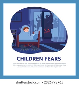 Children fears poster with little boy scared of monsters in the dark, flat vector illustration. Kid hiding under blanket and shaking. Frightened boy has nightmares.