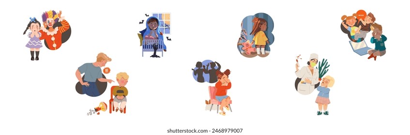 Children Fears with Scared Boy and Girl Vector Set