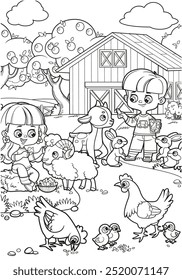 Children feed animals and chickens on the farm near the barn linear drawing coloring book on a white background. Image produced without the use of any form of AI software at any stage.