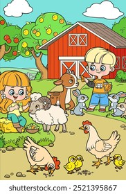 Children feed animals and chickens on the farm near the barn color variation. Image produced without the use of any form of AI software at any stage.