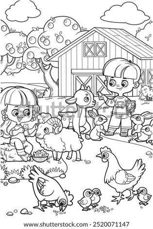 Children feed animals and chickens on the farm near the barn linear drawing coloring book on a white background. Image produced without the use of any form of AI software at any stage.