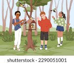 Children feed birds. Happy boys and girls pour food into feeder for titmouses, walk in forest park, wooden birdhouse, teens in modern clothes walking, cartoon flat style tidy vector concept