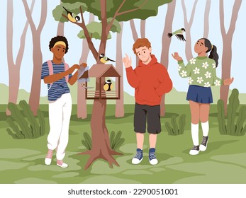 Children feed birds. Happy boys and girls pour food into feeder for titmouses, walk in forest park, wooden birdhouse, teens in modern clothes walking, cartoon flat style tidy vector concept