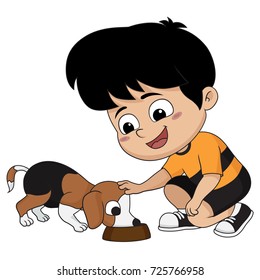 The Children Feed The Dog, A Friend Of His Beloved.Vector And Illustration.