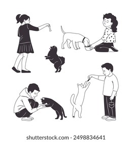 Children feed pets. Girl takes care of a dog. Boy plays with a cat. Vector black and white collection authors work