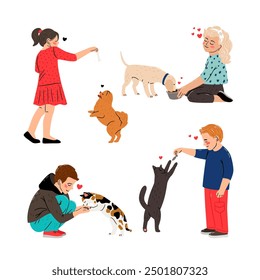 Children feed pets. Girl takes care of a dog. Boy plays with a cat authors work