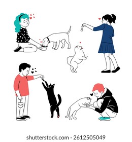 Children feed pets. Girl takes care of a dog. Boy plays with a cat. Vector collection isolated on white original artwork