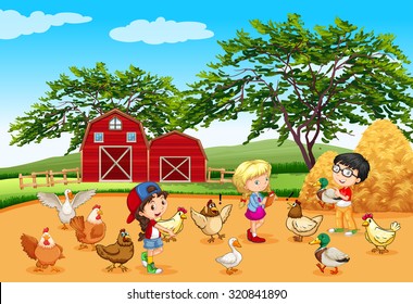 Children feeding animals in the farm illustration