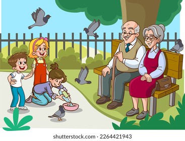 children feeding birds in park with grandparents