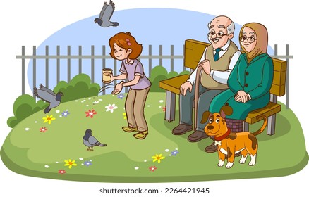 children feeding birds in park with grandparents