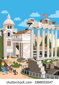 Children feeding cats in a square in Rome. Antique columns in the centre of an Italian city. Vector illustration.