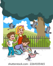 children feeding pigeons  cartoon vector