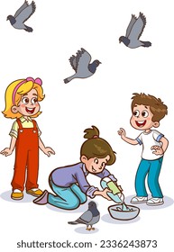 children feeding pigeons cartoon vector