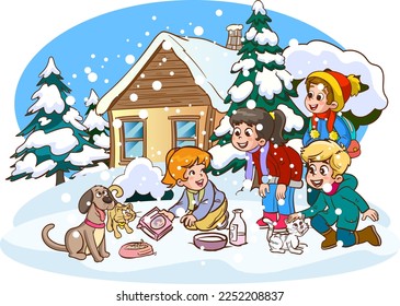 children feeding stray animals cartoon vector 