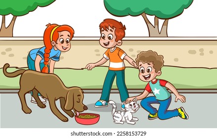 children feeding stray animals cartoon vector 