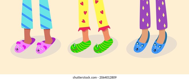 Children feet in colored pajamas and funny slippers. Vector illustration of home sleeping clothes and shoes. The concept of a pajama party,