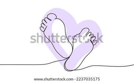 Children feet, memory print one line art with colorful elements. Continuous line drawing of child, children s legs, tenderness, childhood, newborn, new life.