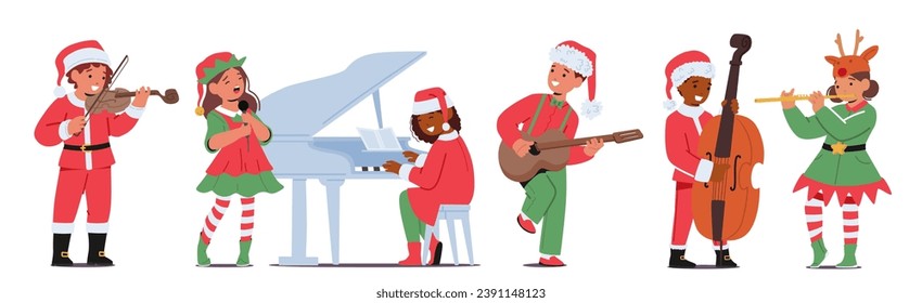 Children In Festive Christmas Costumes Joyfully Play Musical Instruments, Filling The Air With Holiday Cheer And Harmonious Melodies, Spreading Warmth And Merriment. Cartoon People Vector Illustration