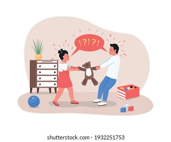 Children Fighting Over Toy 2D Vector Web Banner, Poster. Sibling Rivalry. Sister And Brother In Playroom Flat Characters On Cartoon Background. Family Conflict Printable Patch, Colorful Web Element