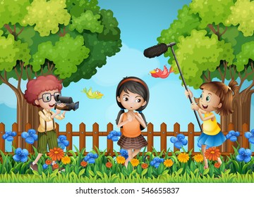 Children filming little girl in the park illustration