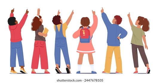 Children with Fingers Extended Upwards Rear View. Kids Characters Gaze Skyward, Their Posture Embodying Curiosity And Wonder, Encapsulating A Moment Of Discovery. Cartoon People Vector Illustration