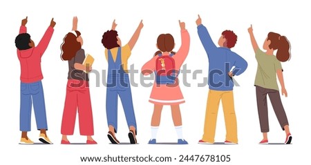 Children with Fingers Extended Upwards Rear View. Kids Characters Gaze Skyward, Their Posture Embodying Curiosity And Wonder, Encapsulating A Moment Of Discovery. Cartoon People Vector Illustration