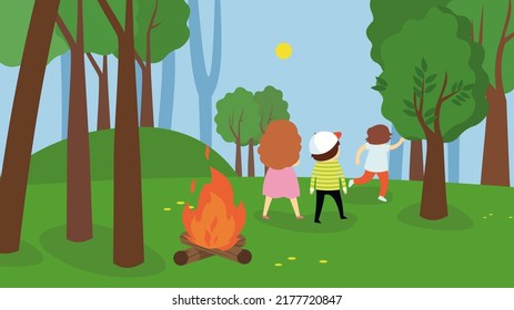 children and a fire in the forest