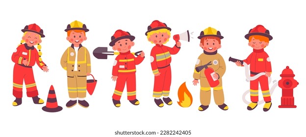 Kinder Feuerwehrmann Beruf flach Symbol. Feuerwehrausrüstung Spezielle Uniform, Schaufel, Korb, Feuerlöscher, Hydranten und Helm. Farbisolierte Illustrationen