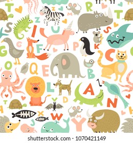 Children First Abc Seamless Pattern With Kids Favorite Funny Animals Pictures For Each Alphabet Letter Vector Illustration