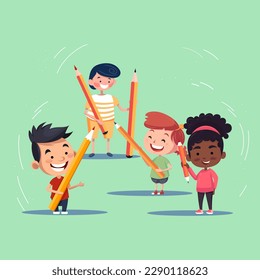  Children in the first grade or kindergarten stand and hold pencils. In the background is a teacher. Vector illustration in flat style