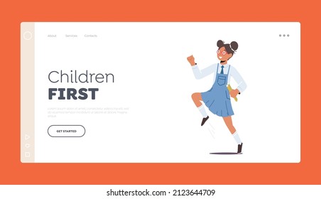 Children First Landing Page Template. Youth, Happiness and Freedom Concept. Little Pupil Girl Playing and Jumping. School Child Celebrate Party, Meeting Summer Vacation. Cartoon Vector Illustration,