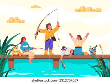 Children fishermen. Child fishing, happy kids catch fish on lake or river pier, cartoon angler boy son fisher girl rod bucket in summer pond nature vector illustration of fisherman child boy and girl