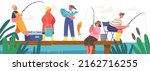 Children Fishermen Having Fun on Pond, Little Boys and Girls Fishing with Rods on Wooden Pier. Kids Characters Summer Time Recreation, Hobby, Leisure on Nature. Cartoon People Vector Illustration