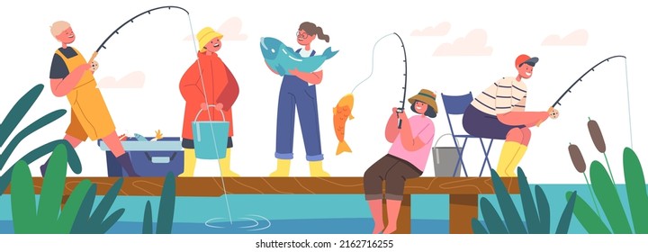 Children Fishermen Having Fun on Pond, Little Boys and Girls Fishing with Rods on Wooden Pier. Kids Characters Summer Time Recreation, Hobby, Leisure on Nature. Cartoon People Vector Illustration - Shutterstock ID 2162716255