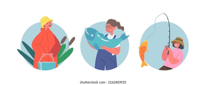 Children Fishermen with Rod, Big Fish and Bucket Isolated Round Icons or Avatars. Kids Fishing Fun on Pond, Boys and Girls Characters Summer Recreation on Nature. Cartoon People Vector Illustration