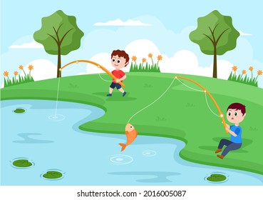 Children Fishing Fish By The River While Enjoying Quality Time At Summer Day With Hill Or Mountain View. Background Vector Illustration