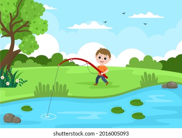 Children Fishing Fish By The River While Enjoying Quality Time At Summer Day With Hill Or Mountain View. Background Vector Illustration