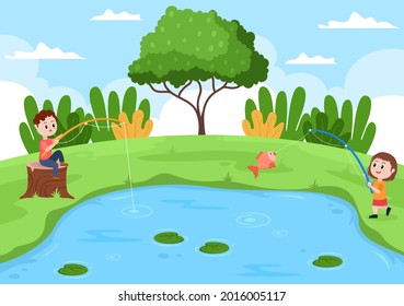 Children Fishing Fish By The River While Enjoying Quality Time At Summer Day With Hill Or Mountain View. Background Vector Illustration